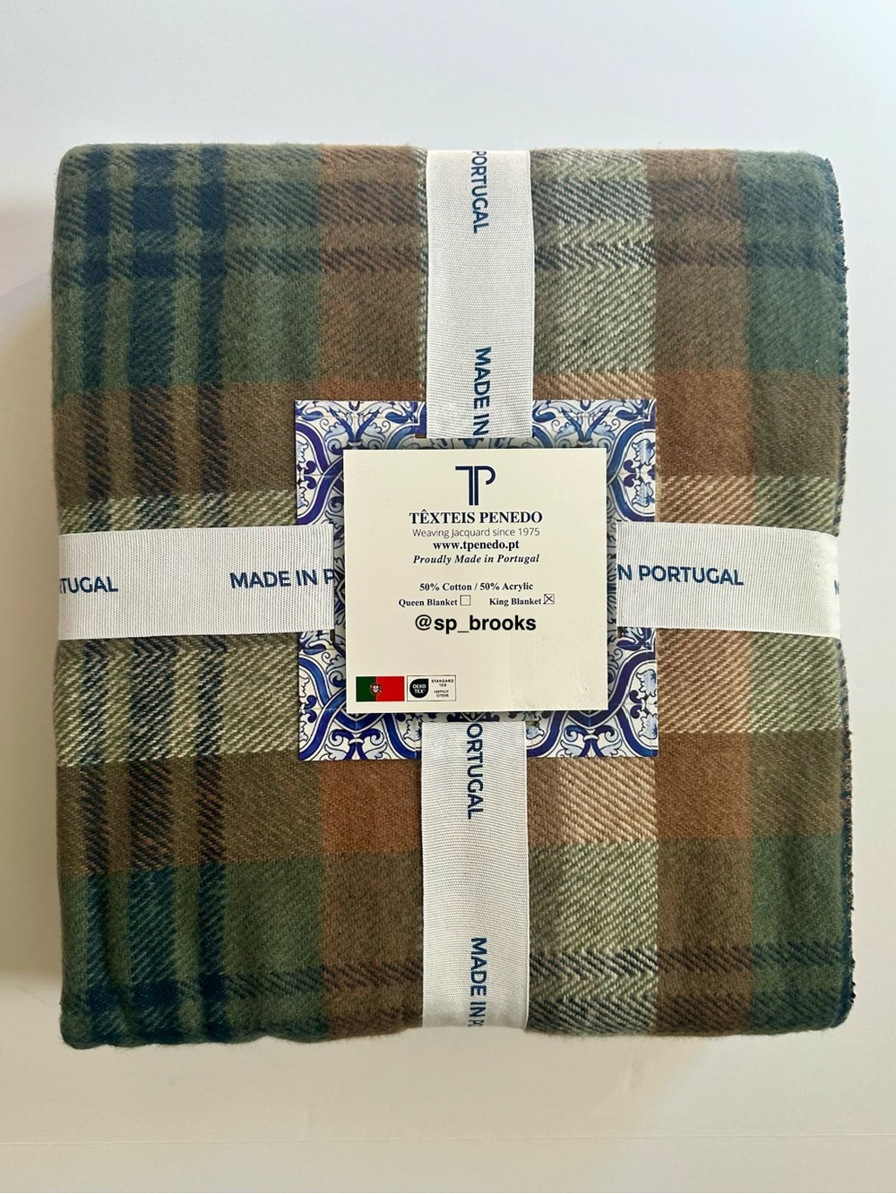 🎁Texteis Penedo Blanket - Green, Brown & Blue Plaid Cotton Blend King Blanket